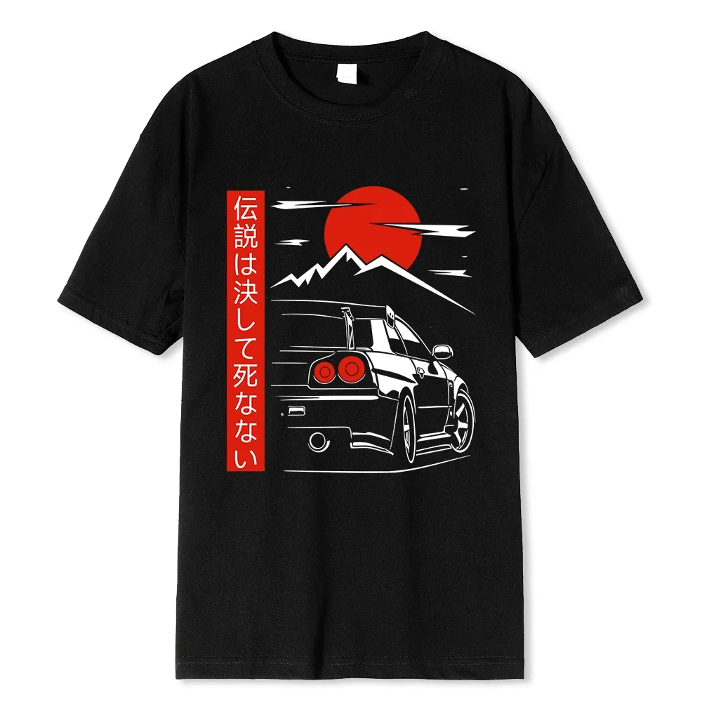 Japanese Style Car Funny T Shirts Men Back Print Street Wear Original Design Oversize 100% Cotton Tops Tee Loose Breathable Tees