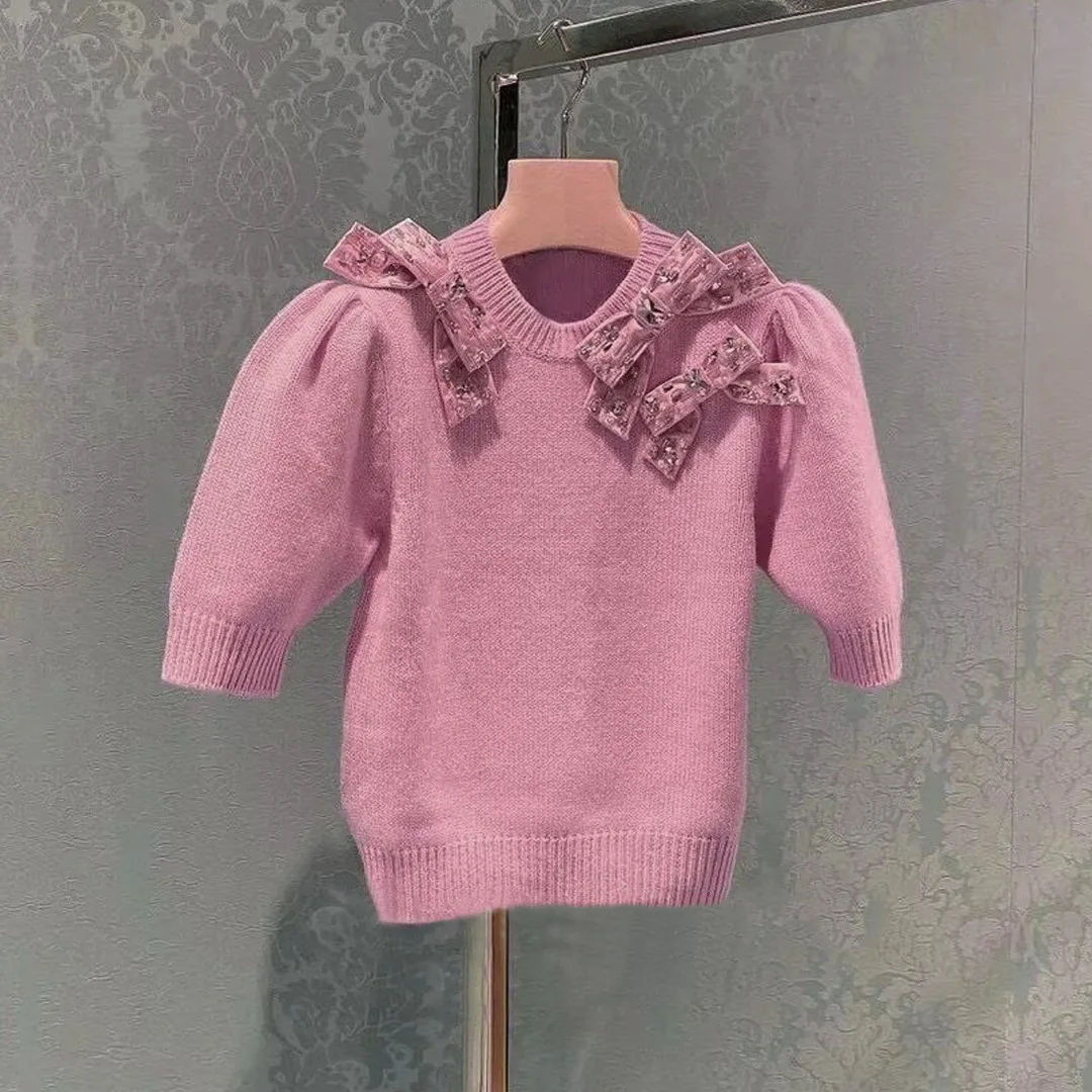 

26 Spring New Short Knitwear Sweet Pink Short Sleeve Bow Bubble Sleeve Top y2k clothes