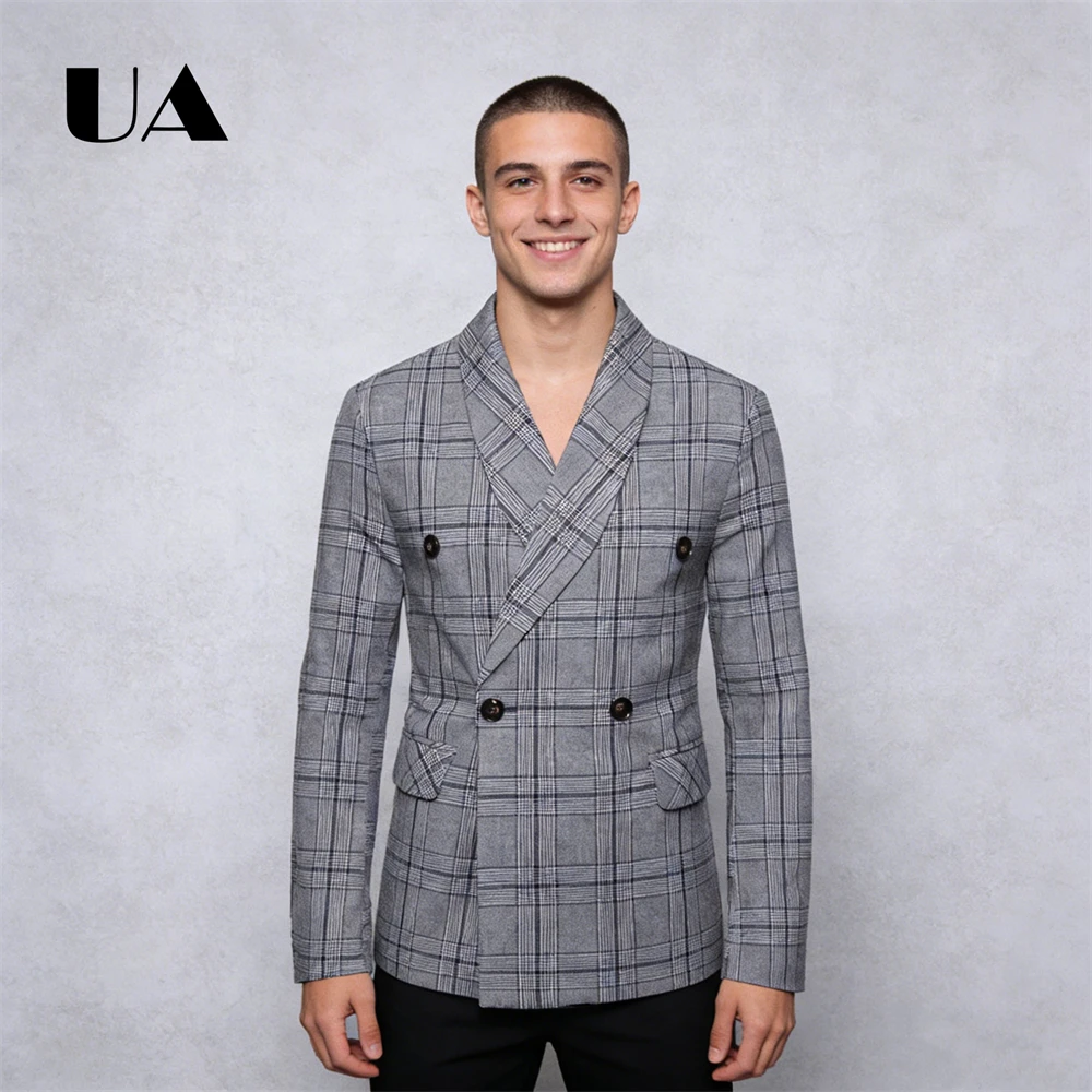 

Double Breasted Plaid Suit Jacket for Men, M-4XL Casual Smart Suit Blazer Checkered Peak Lapel Suit ULBYANRY