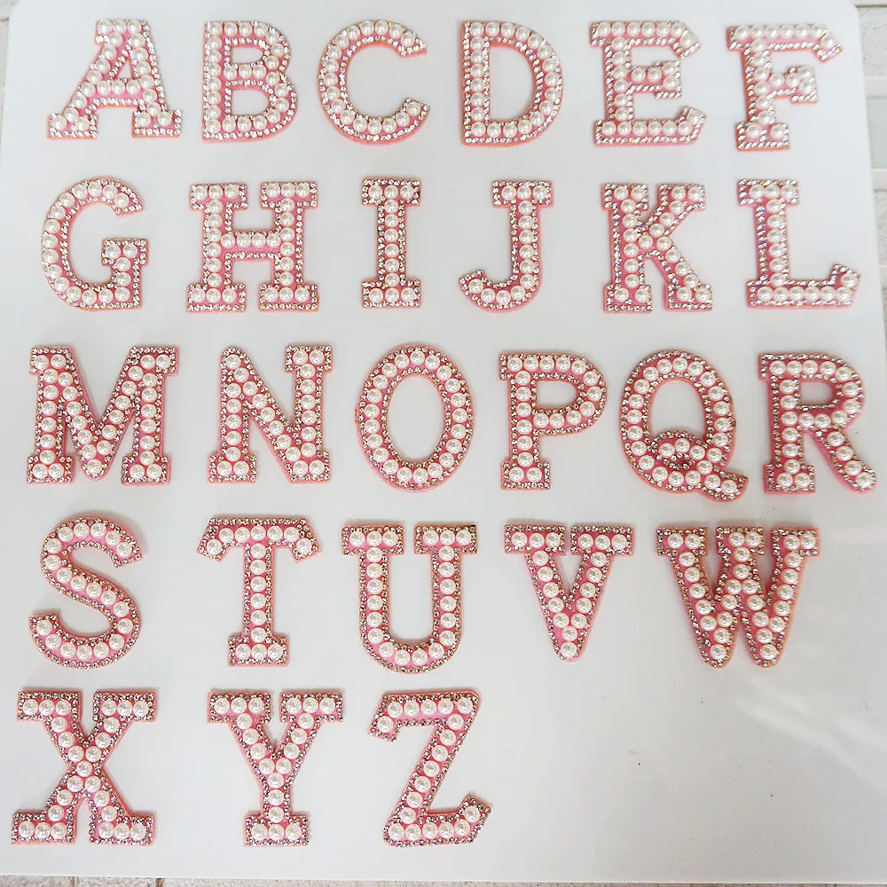 Pink A-Z Rhinestone Pearl English Letter Alphabet Iron Sew On Patch Badge 3D Handmade Patches Bag Hat Jeans Clothes Applique DIY