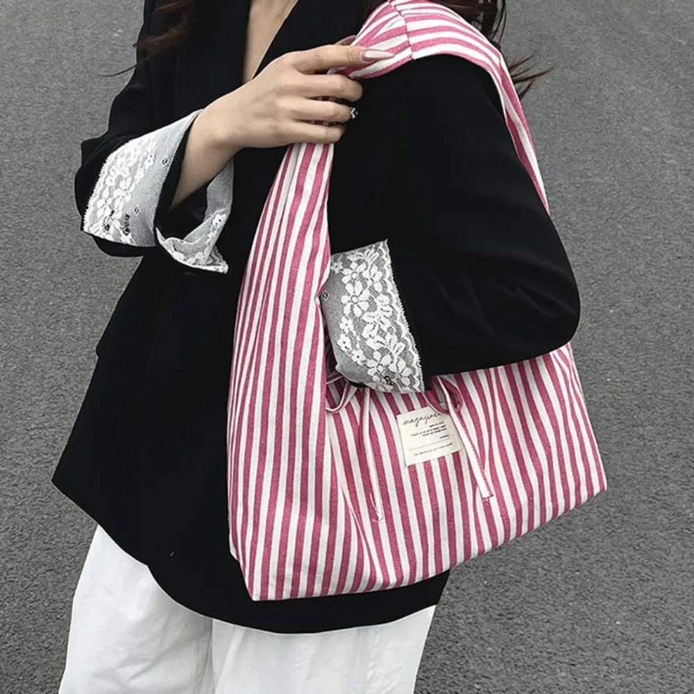 

Sweet Double-sided Shoulder Pouch Contrast Color Bow Stripe Cloth Vest Pouch Versatile Polyester Women Tote Bag Vacation
