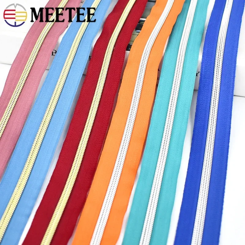 2/4/10Meters Meetee 5# Nylon Zippers Tapes Gold Silver Teeth Zipper for Sewing Bag Zips Heads Garment Repair Kit DIY Accessories