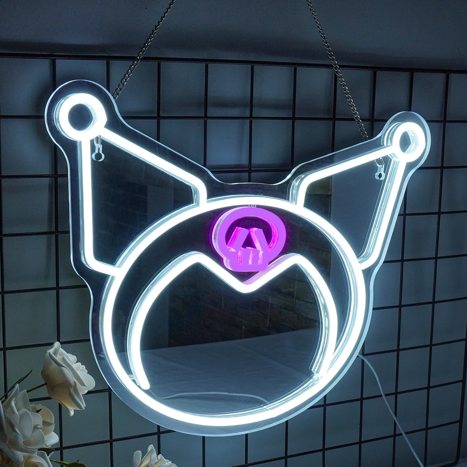 Sanrio Kuromi-espejo decorativo morado con brillo de luz de neón, decoración ajustable para habitación temática, espejo de maquillaje para dormitorio, regalo de cumpleaños