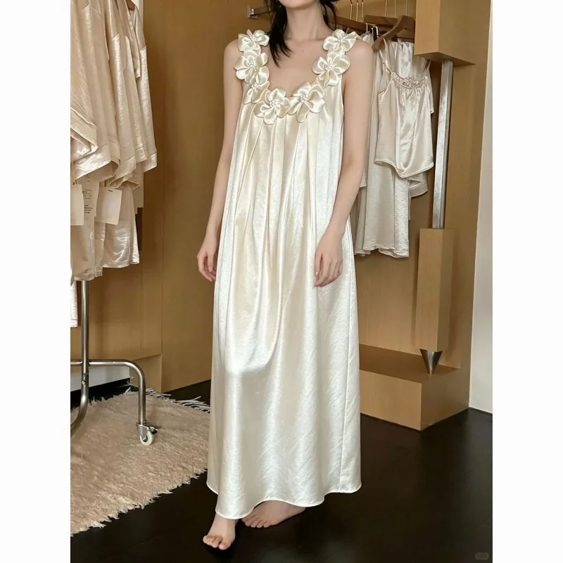 Internet Celebrity Acid Satin Nightdress Women's New Summer Sweet Flowers High Sense Long Pajamas Can Be Worn Outside Loungewear