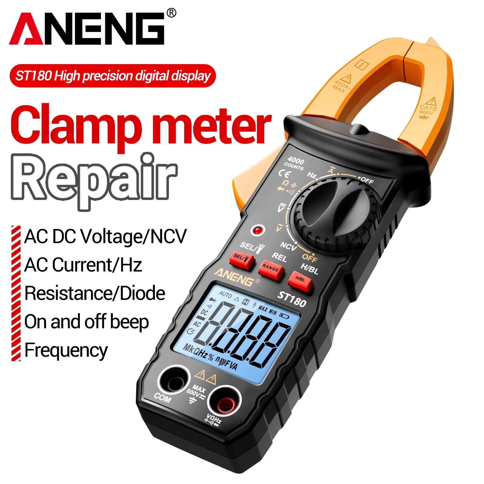 Цифровой клещевой измеритель ANENG ST180, 4000 отсчетов, AC 400A, AC/DC 600V, NCV, измерение емкости, частоты, тестер диодов, инструмент для электриков.
