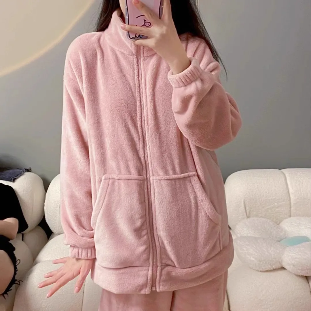 

Autumn Winter Women Pajama Sets Solid Color Flannel Sleepwear Zipper Tops+Pants 2Pcs Suits Thicken Warm Ladies Casual Homewear