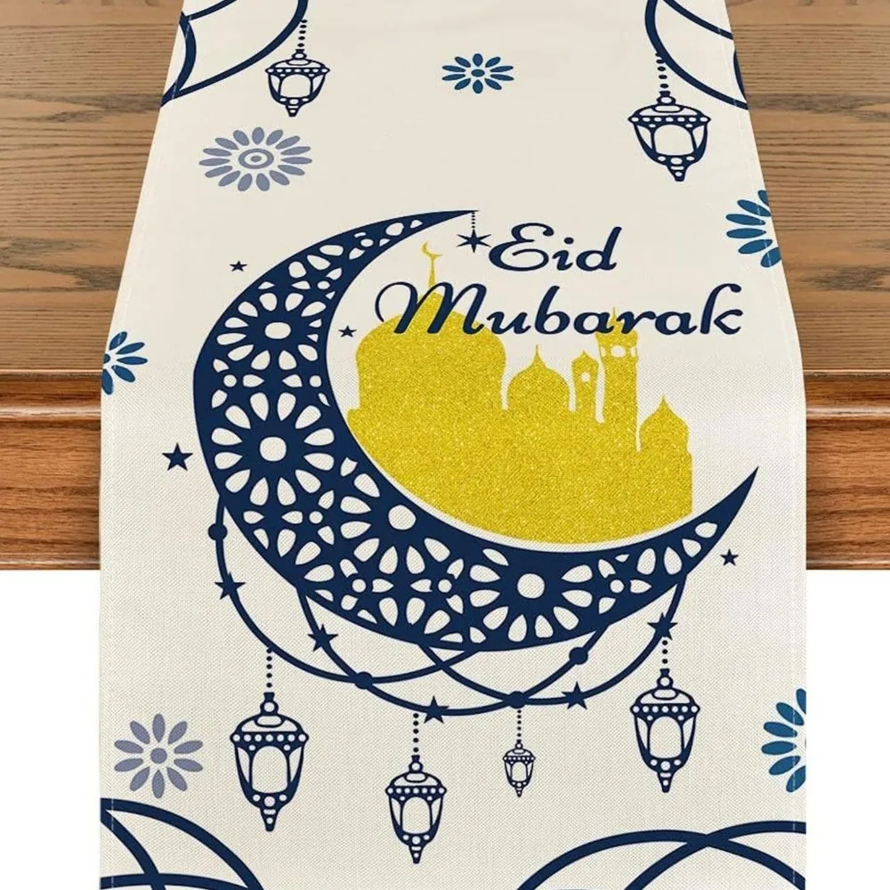 

Thickened Ramadan Table Runner Vintage Castle Lantern Pattern Star Moon Tablecloth Decorative Islamic Table Runner