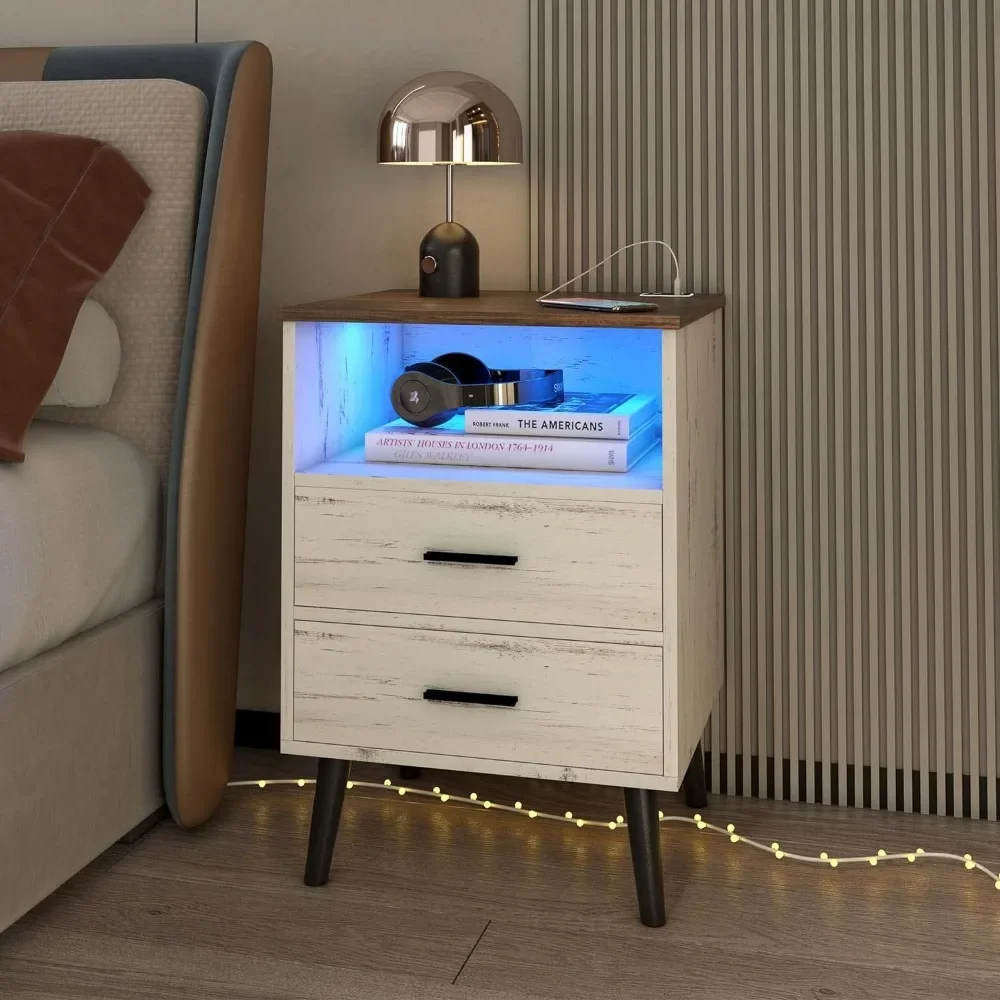 White Nightstand with Charging Station and LED Lights, Modern Bedside Table Smart Night Stand, End Side Table with 2 Draw