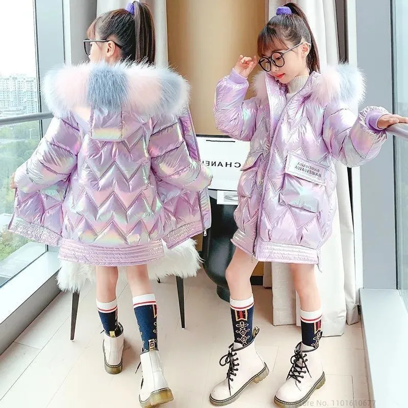 2023 Winter Shiny Jacket For Girls Hooded Warm Children Girls Winter Coat 3-14 Years Kids Teenage Cotton Parkas Outerwear