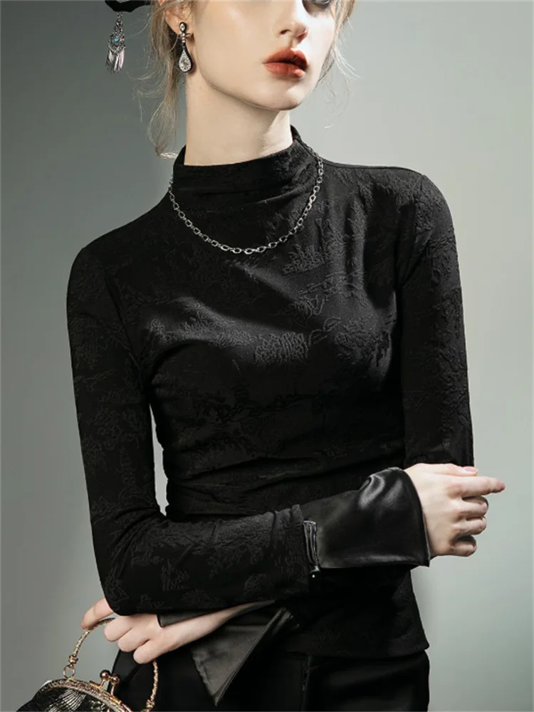 عالية الرقبة التي شيرت قاعدة بلايز السيدات تي شيرت أسود التقليدية الصينية طويلة الأكمام تي شيرت ملابس داخلية أعلى متوهج الأكمام كوع تي أنثى