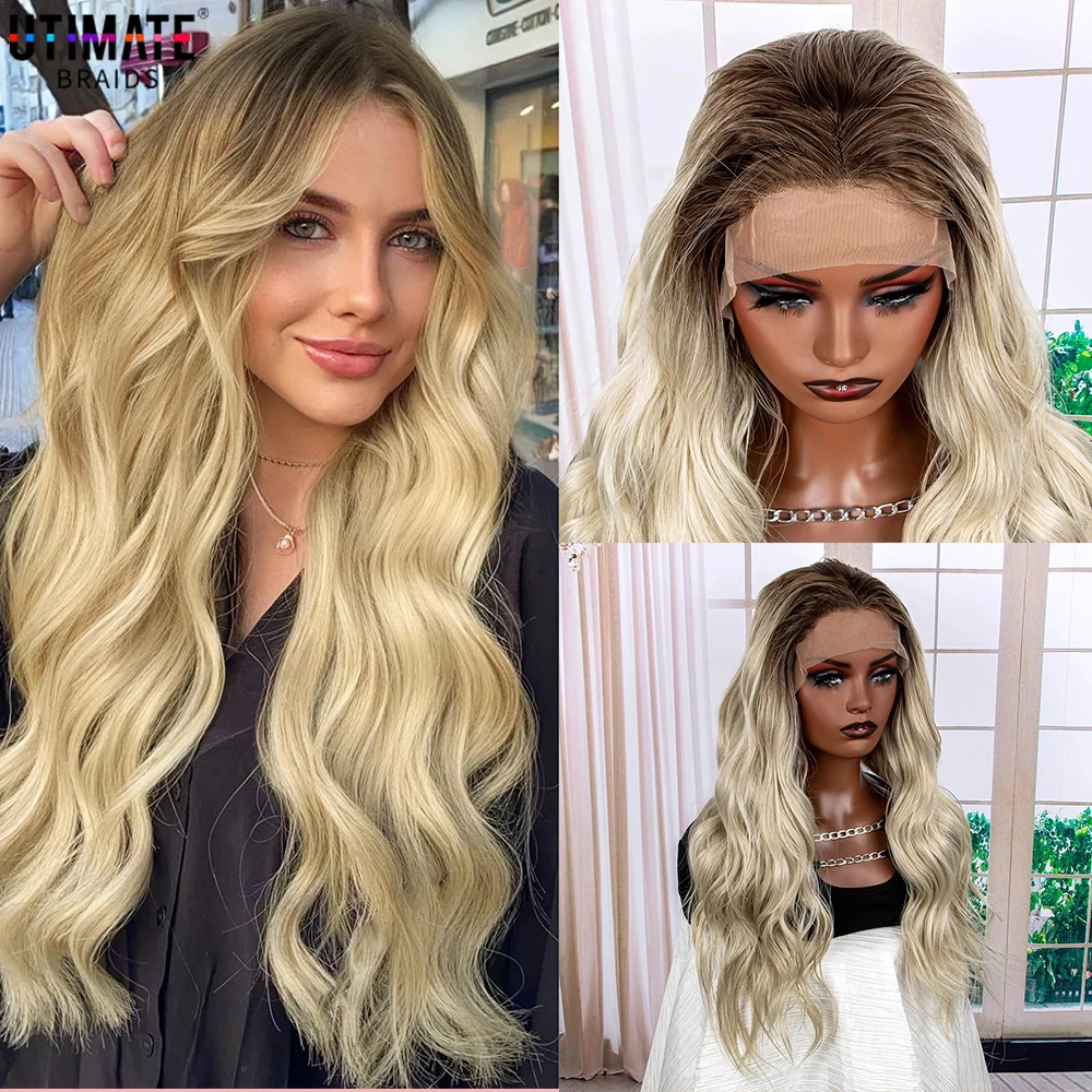 

28Inch Water Wave Synthetic Lace Front Wig Ombre Color Lace Front Curly Wig Long Body Wave Wig for Girls and Women Party Cosplay