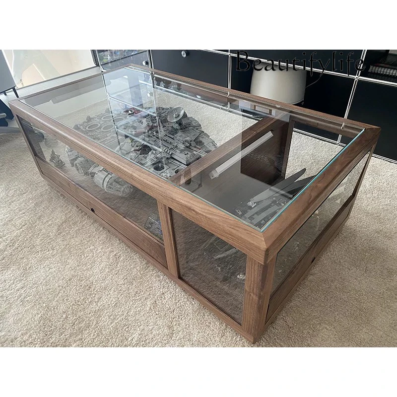 

Black walnut tea set display box, transparent glass storage tea room desktop solid wood display case
