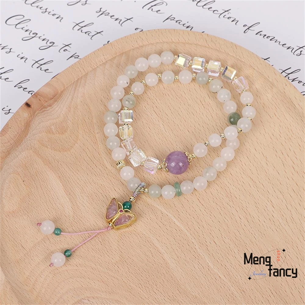 Neue chinesische literarische Retro Doppel kreis 6mm Tianshan Cui Hands chnur Schmetterling Anhänger Doppel Jade Armband Luxus edlen Schmuck