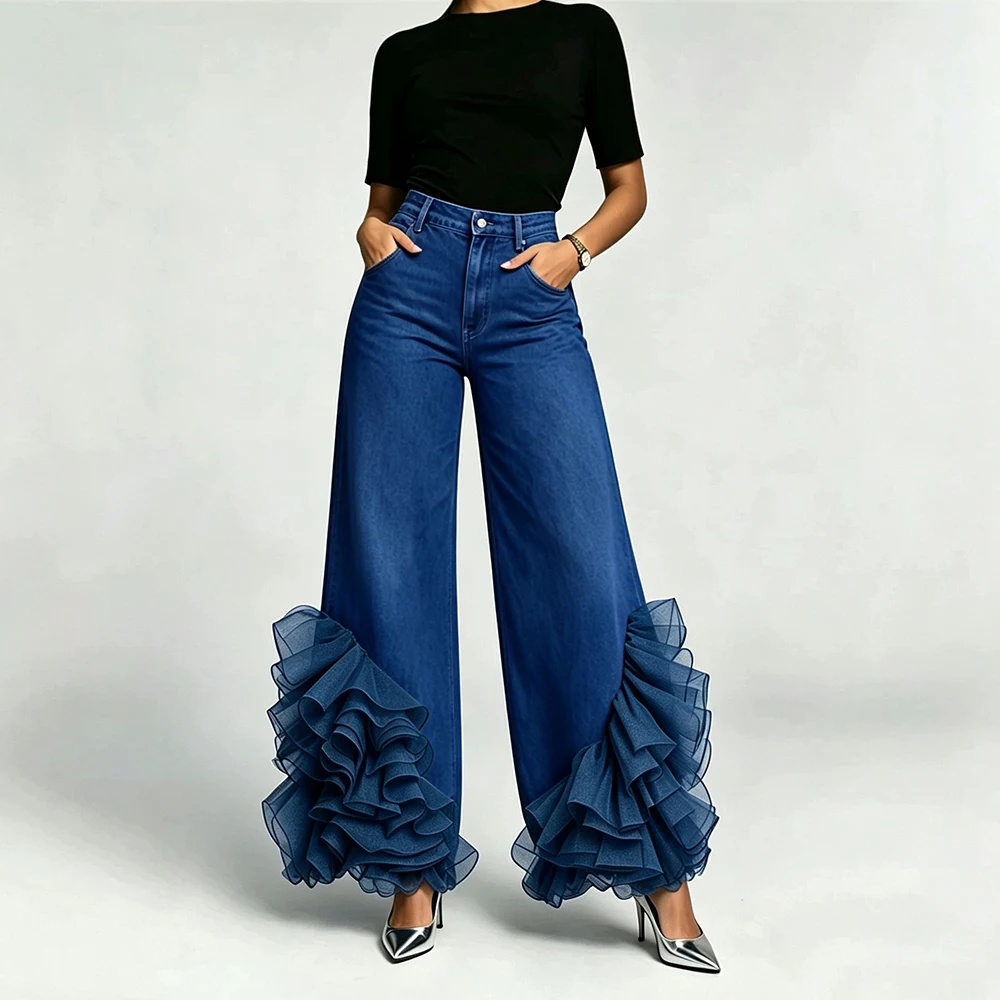 Women's Organza Ruffle Faux Denim Jeans Vintage High Waist Wide‑Leg Pant Mesh Flared Layered Trousers Streetwear Party Trousers