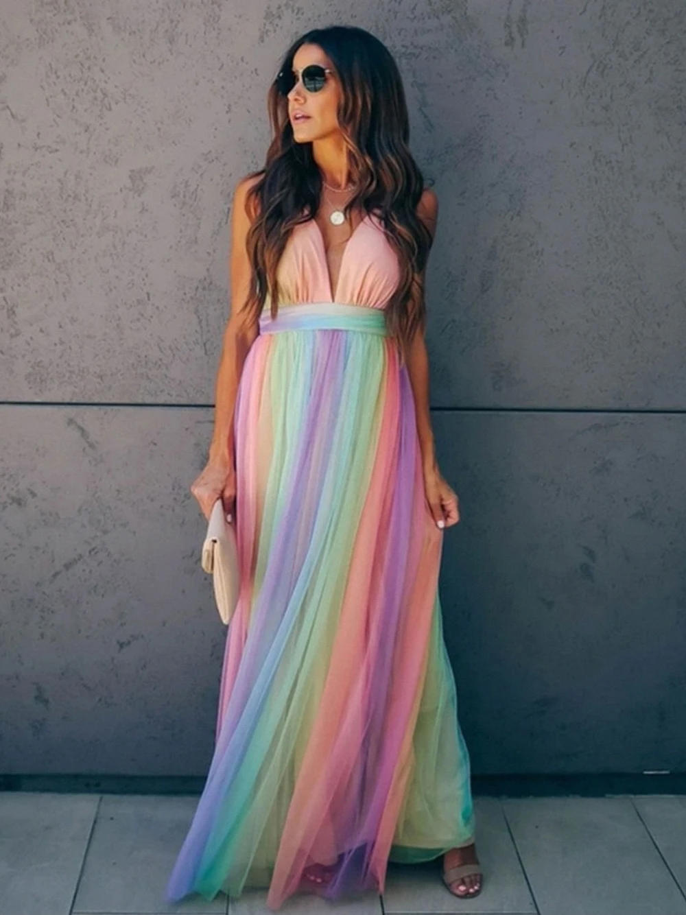 Rainbow Ombre Tulle Maxi Dress Deep V Neck Spaghetti Strap Flowy A-line Beach Party Dress For Women Summer Boho Formal Gown