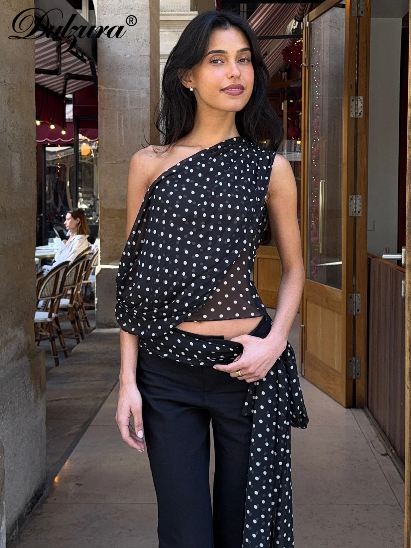 

Dulzura Inclined Shoulder Sleeveless Slim Fit Lace Up Sheer Mesh Polka Dot Print Top Sexy Elegant Casual Y2K Top Party Clubwear