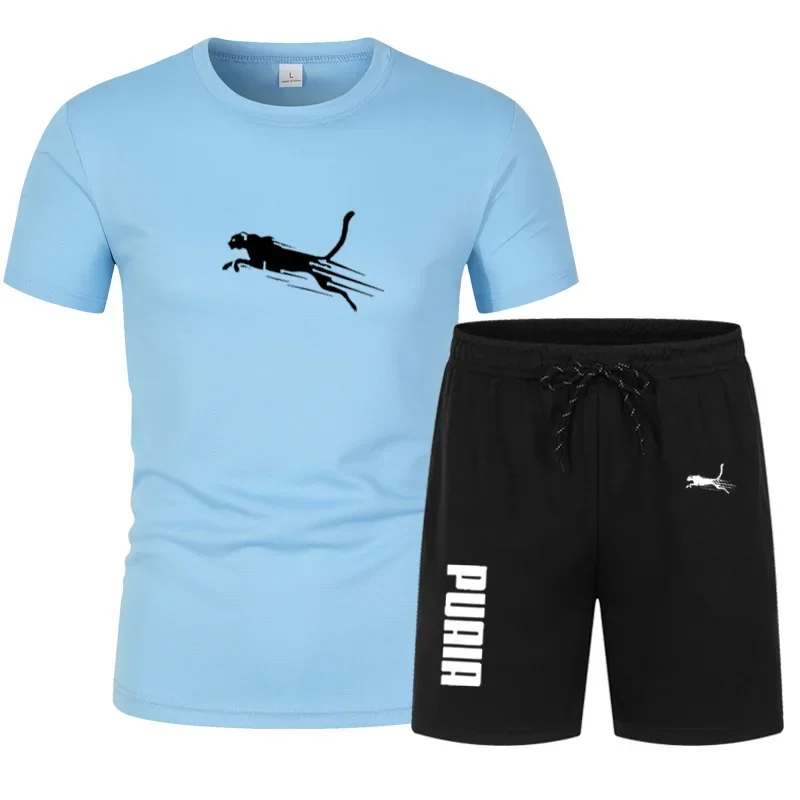 Summer Men Fashion Sports Set 2 Piece Casual Running Training Gym Fitness Wear Breathable Quick Dry Lightweight T-Shirts Sets