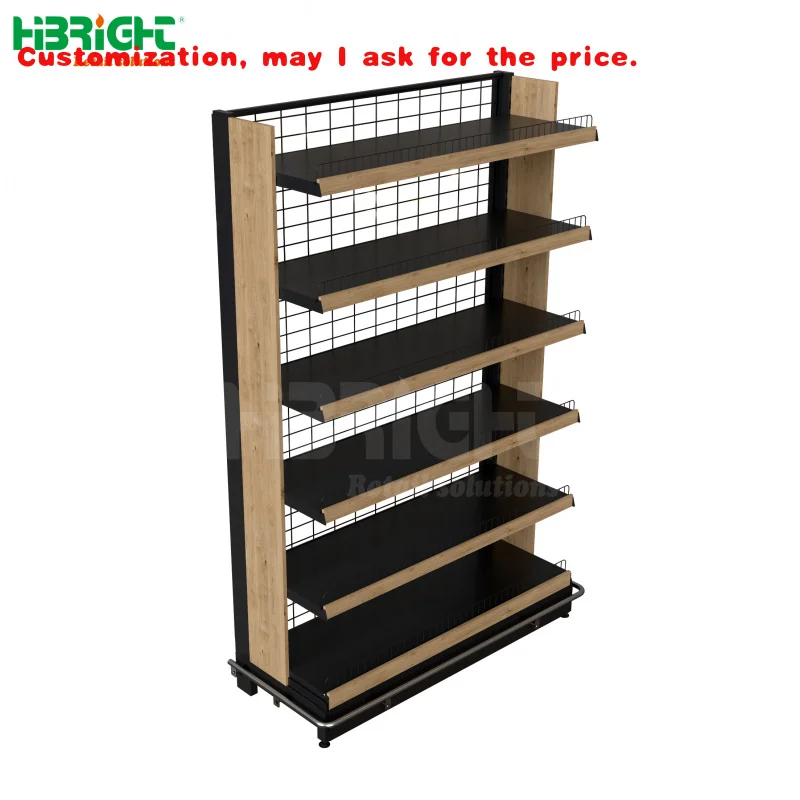 custom.Customizable Heavy-Duty Single-Sided Display Rack New Wooden Steel Supermarket Shelves with Lights Metallic Material