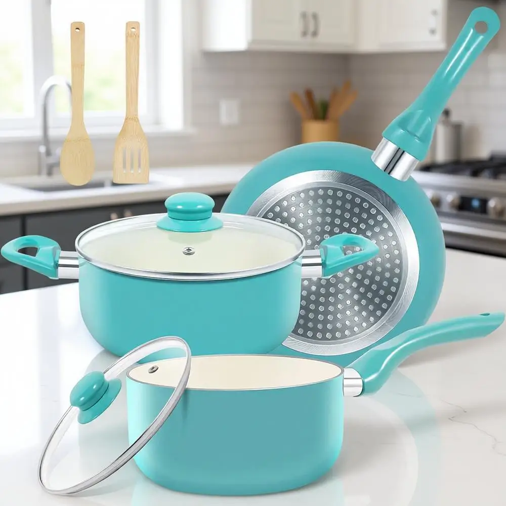 

Набор посуды из 7 предметов с антипригарным покрытием, совместимый с индукционными плитами, кастрюли и сковороды с удобными ручками, 100% POA, бирюзовый