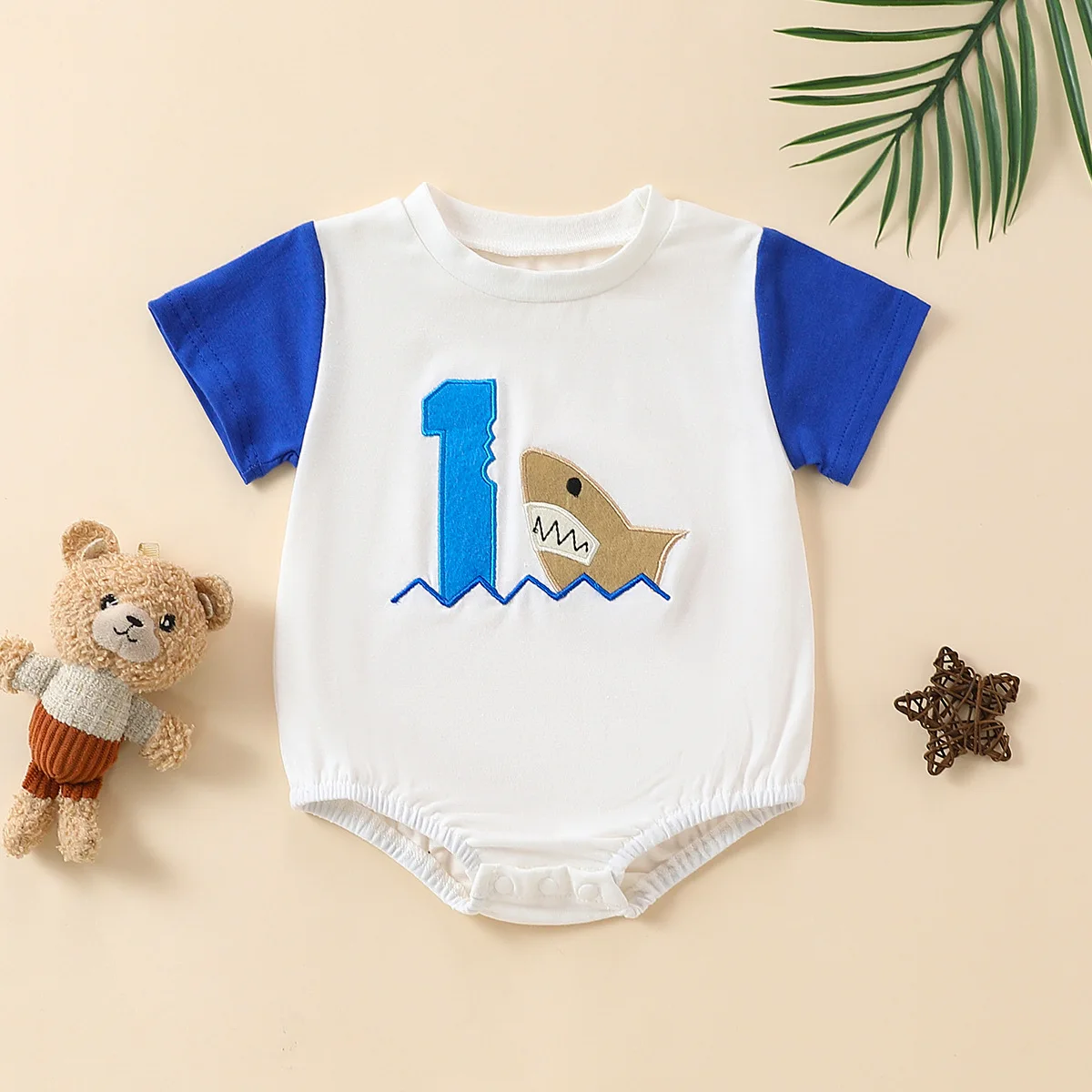 Summer neutral infant color matching number one with shark towel embroidered short-sleeved triangular Romper