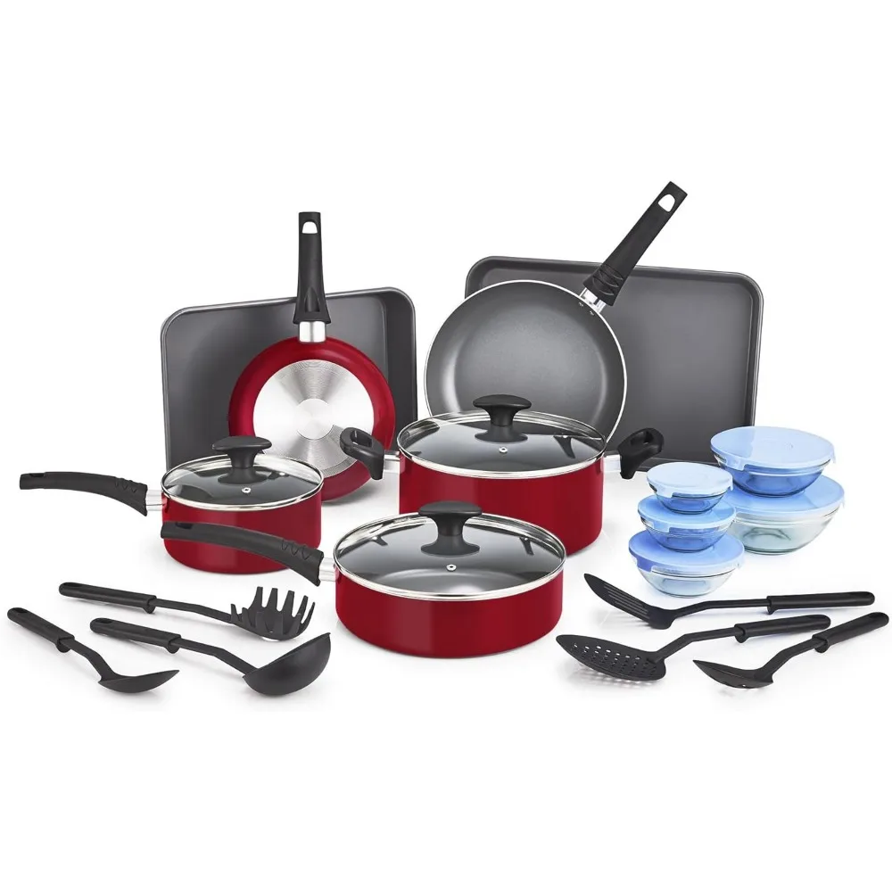 

Nonstick Cookware Set with Glass Lids - Aluminum Bakeware, Pots and Pans, Storage Bowls & Utensils