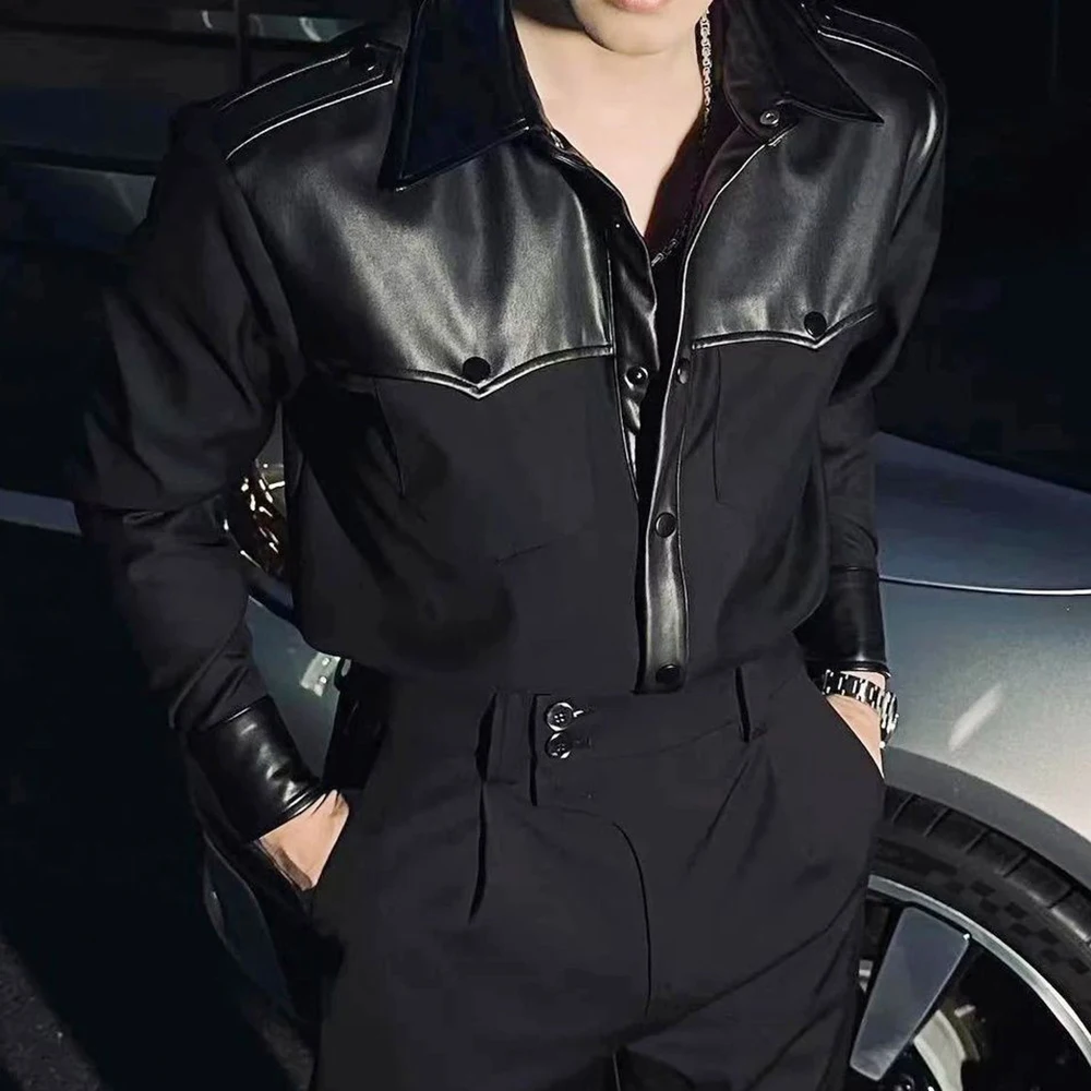 Men Shirt Pu Leather Stitching Slim Fit Casual Shirt Spring Streetwear Fashion All-Match Long-Sleeve Top Men'S Clothing 2025 New