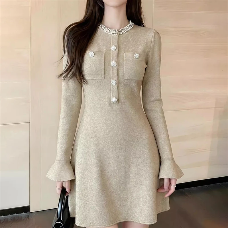 Spring High Quality Fashion Commute Slim Mini Skirt 2026 New Heavyweight Gold Thread Knitted Long Sleeve Diamond Collar Dress