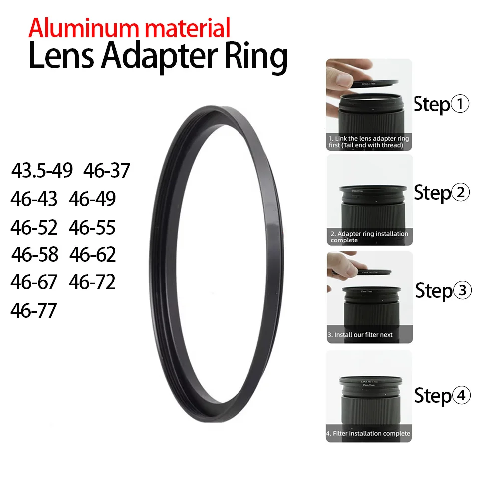 Camera Lens Filter Adapter Ring Step Up Down for 43.5mm 49mm 46mm 37mm 43mm 49mm 52mm 58mm 62mm 67mm 72mm 77mm 67 for ND CPL UV