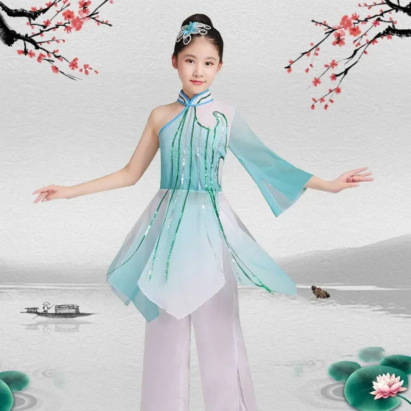 Costume da ballo classico Yangko per bambini costume da ballo per fan di danza con ombrello in stile cinese Hanfu da ragazza