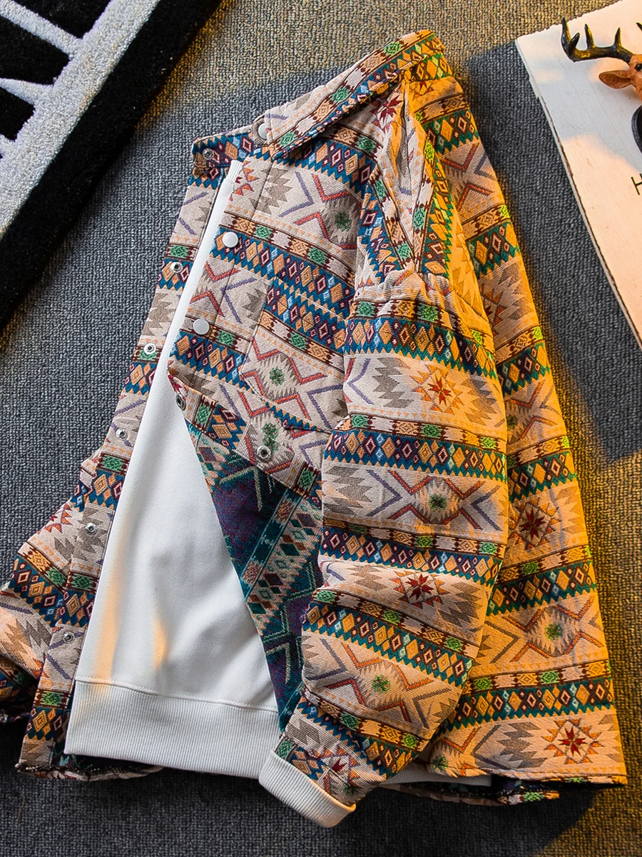 

Men Japanese Ethnic Tribal Woven Shirt Retro Boho Artistic Pattern Long Sleeve Oversized Casual Lightweight Jacket Outerwear
