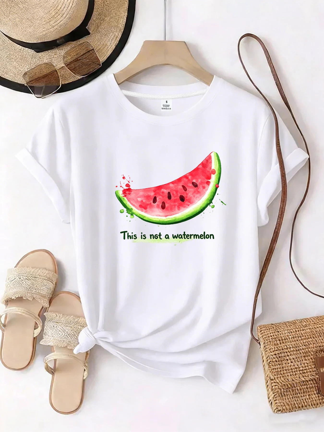 【HZF102222】Cartoon watermelon pattern Round neck women's T-shirt short sleeves fashion printed half-sleeve top elastic T-shirt