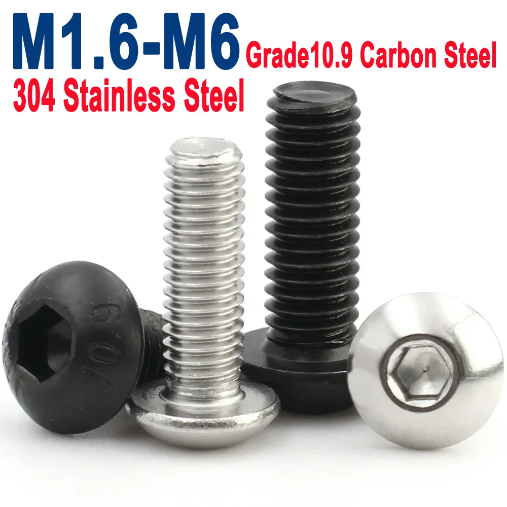 

10-100pcs M1.6 M2 M2.5 M3 M4 M5 M6 A2-70 304 Stainless Steel Black Grade 10.9 Steel Hexagon Hex Socket Button Head Screw ISO7380