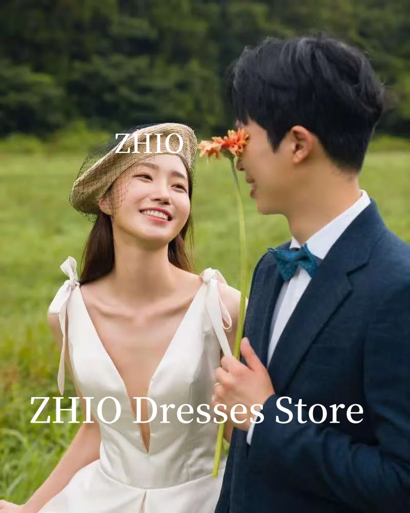 ZHIO Schleife Spaghettiträger Hochzeit Party Kleider A-Linie Rückenfrei Korea Fotoshooting Brautkleider Korsett Maßgeschneidert Elegant