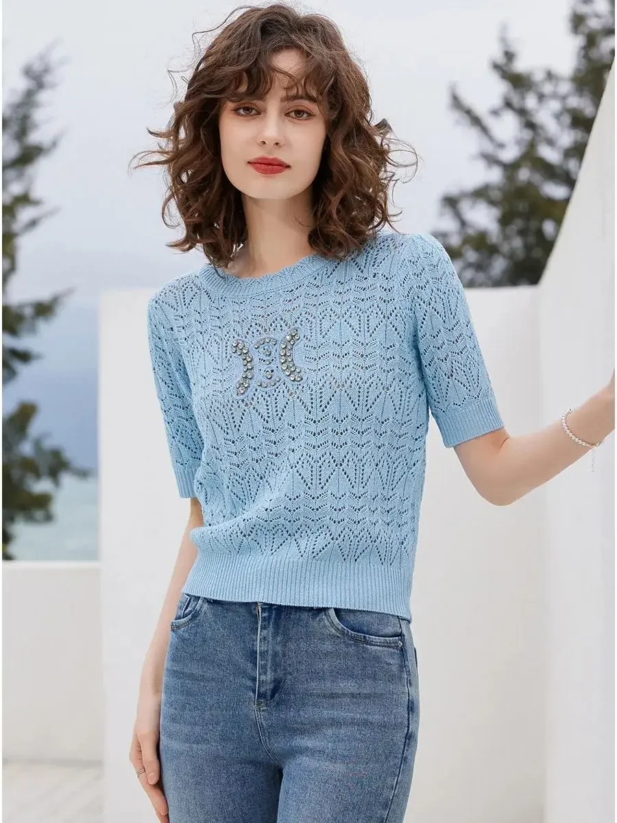 LOUIS YAO Women Knitwear T-shirt 2024 Summer Tee Beading Hollowing Out Round Neck Short Sleeve Casual Fashionable Pullover Top