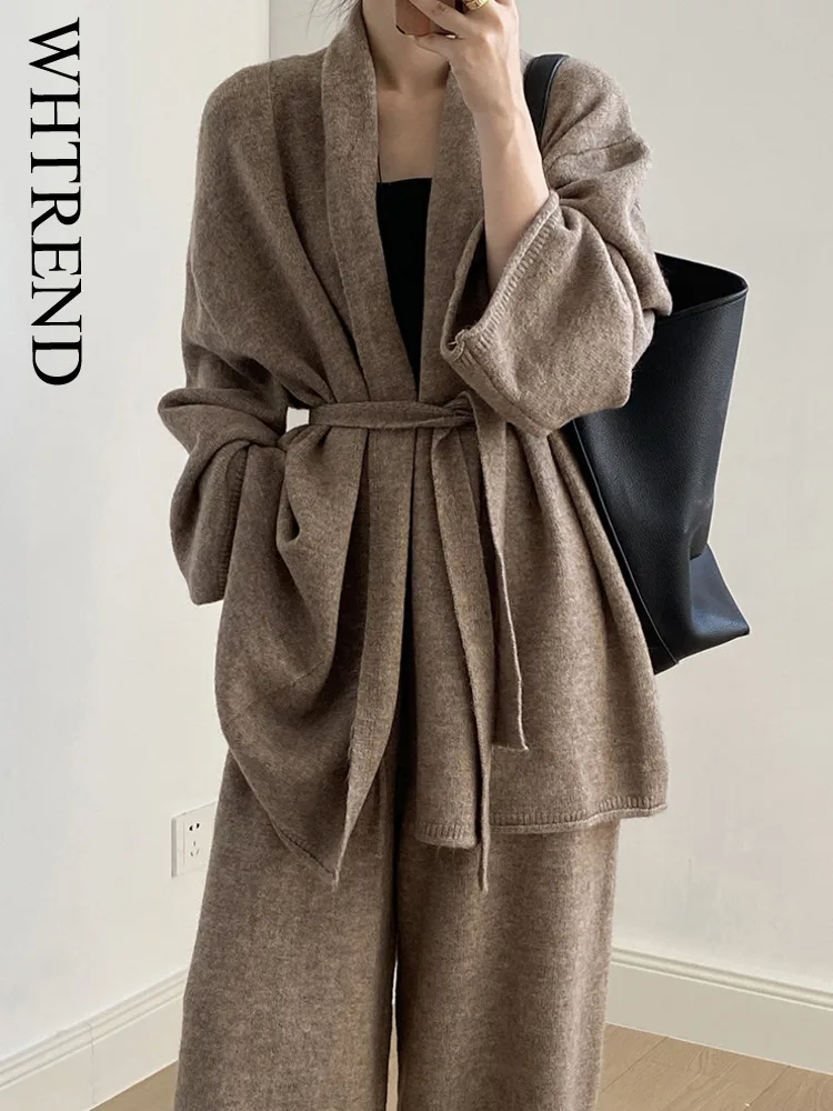 

WHTREND женский комплект из двух предметов, повседневный вязаный кардиган на шнуровке, широкие брюки с высокой талией, новинка осени и зимы WH2139