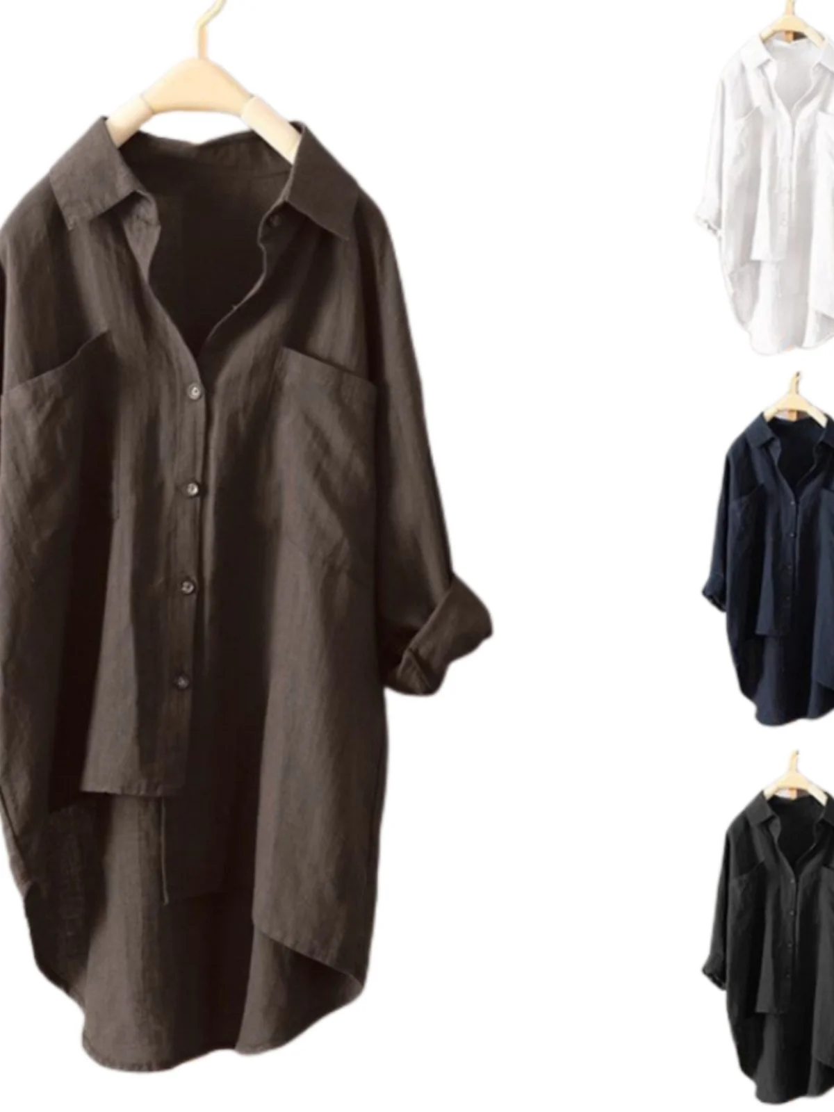 Damska odzież plus size, lniana koszula codzienna, długa, zapinana na guziki, luźny krój, do pracy, jednolity kolor, lato 2023