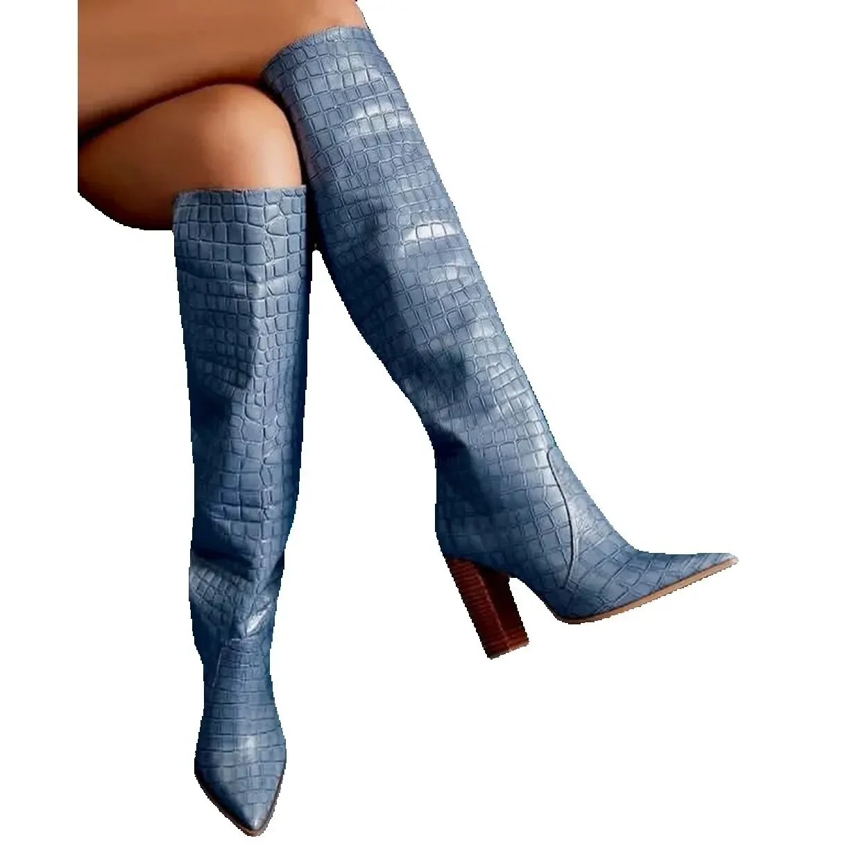 Surkova Wooden Pattern Chunky Heel Knee Boots Blue Crocodile Pointed Toe Tall Boots Block Heels Snakeskin Fall Winter Shoes