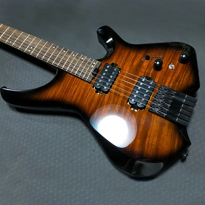 Guitarra eléctrica de 6 cuerdas de viaje sin cabeza sin marca, cuerpo sólido barato, forma fresca, personalizada, OEM, alta calidad