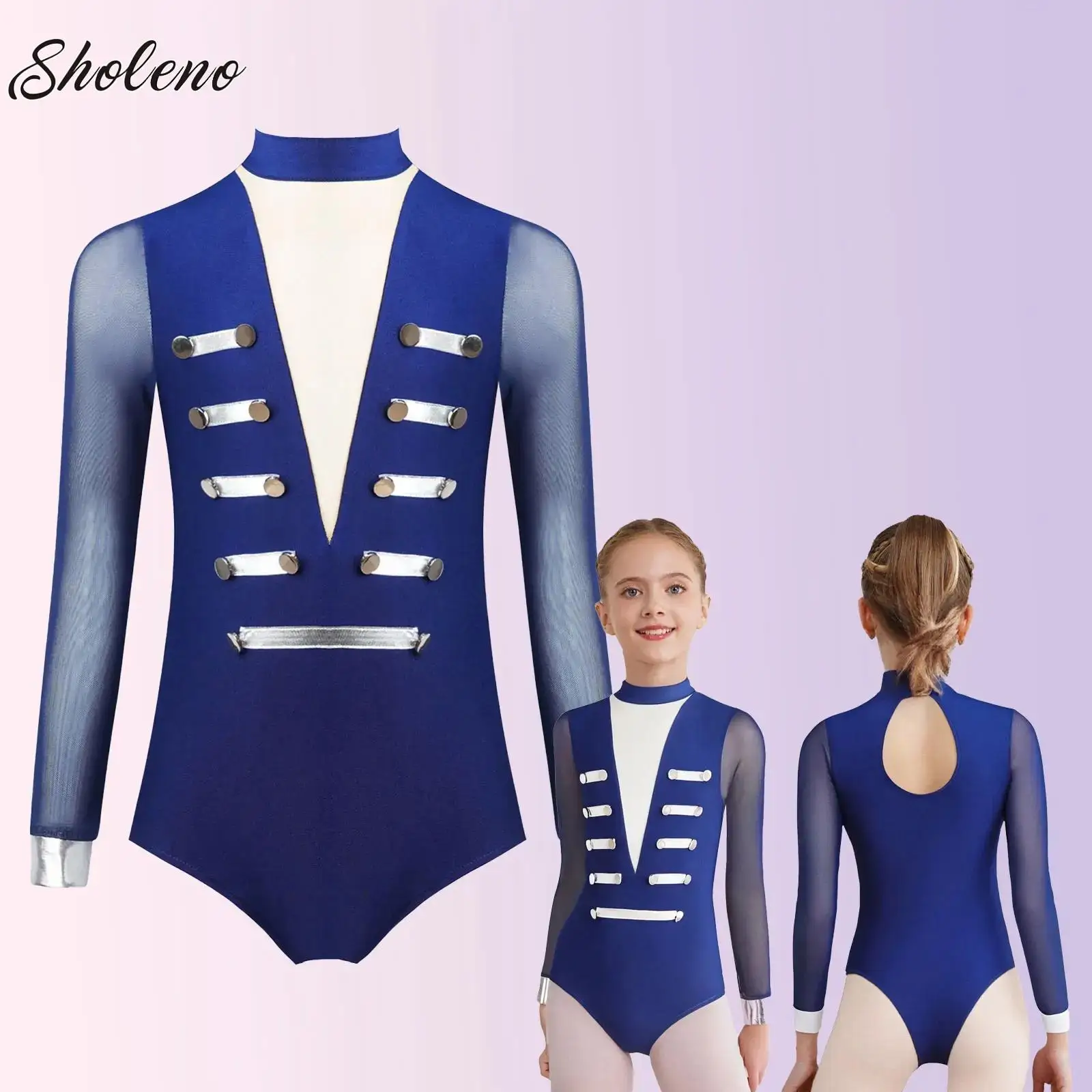 

Kids Girls Rhythmic Gymnastics Bodysuit Leotard Children Metallic Stripes Buttons Long Sleeve Figure Skating Performance Costume