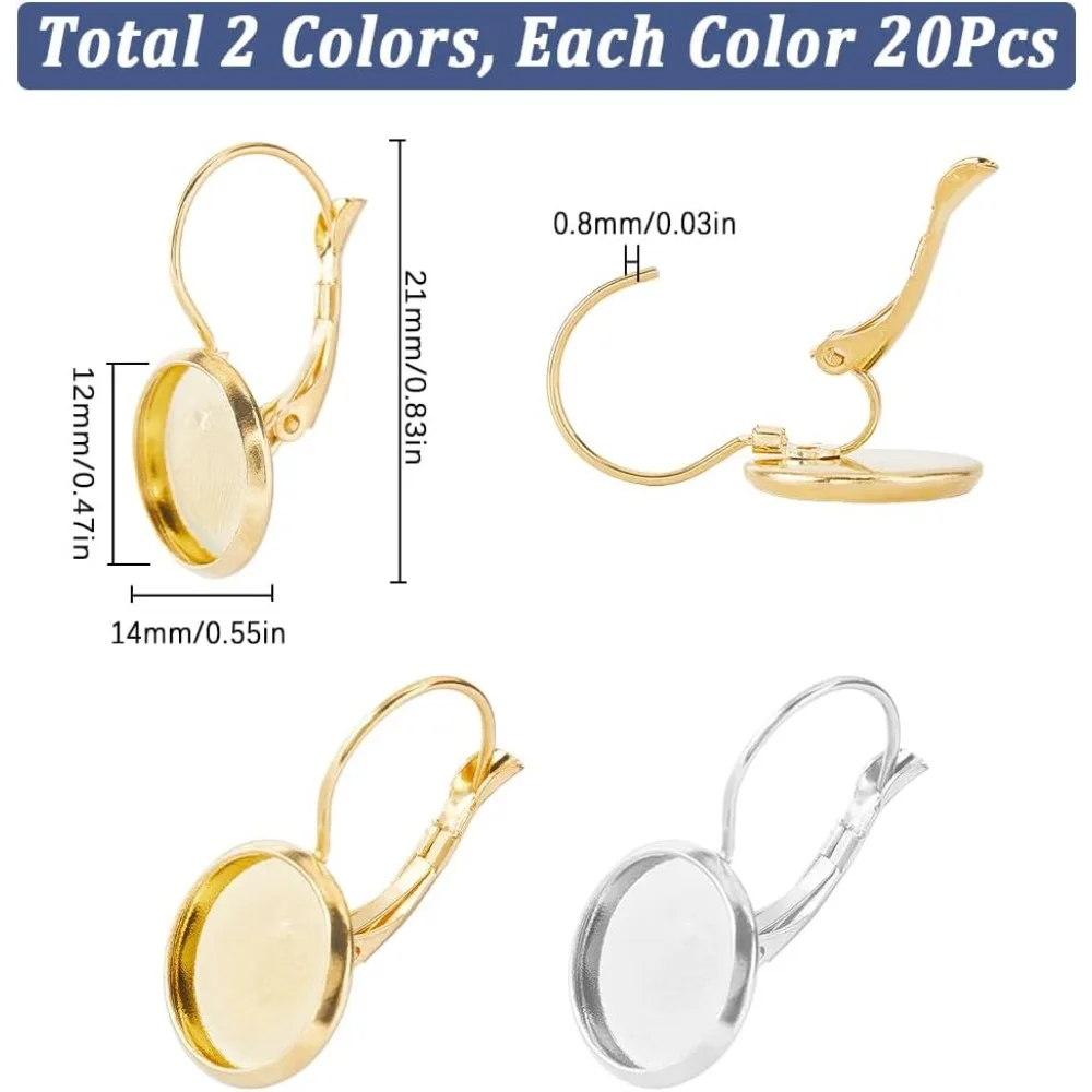 1 Box 40Pcs 304 Stainless Steel Earring Hooks Leverback Hoop Earrings Cabochon Setting 12mm Tray Gold Silver Flat