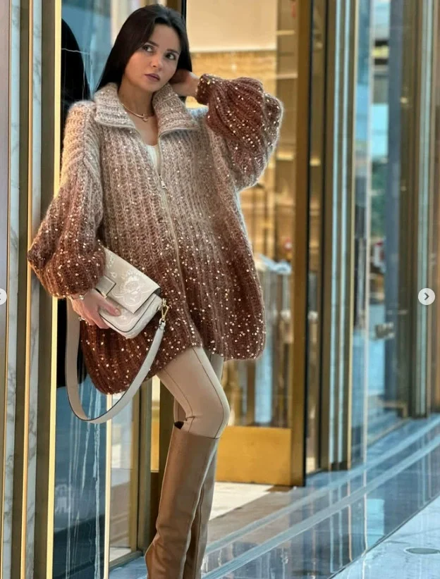 Elegant Sequin Cardigans Women Fashion Lurex Long Sleeve Loose Female Zipper Knit Oversized Sweater Autumn Streetwear Lady Coat