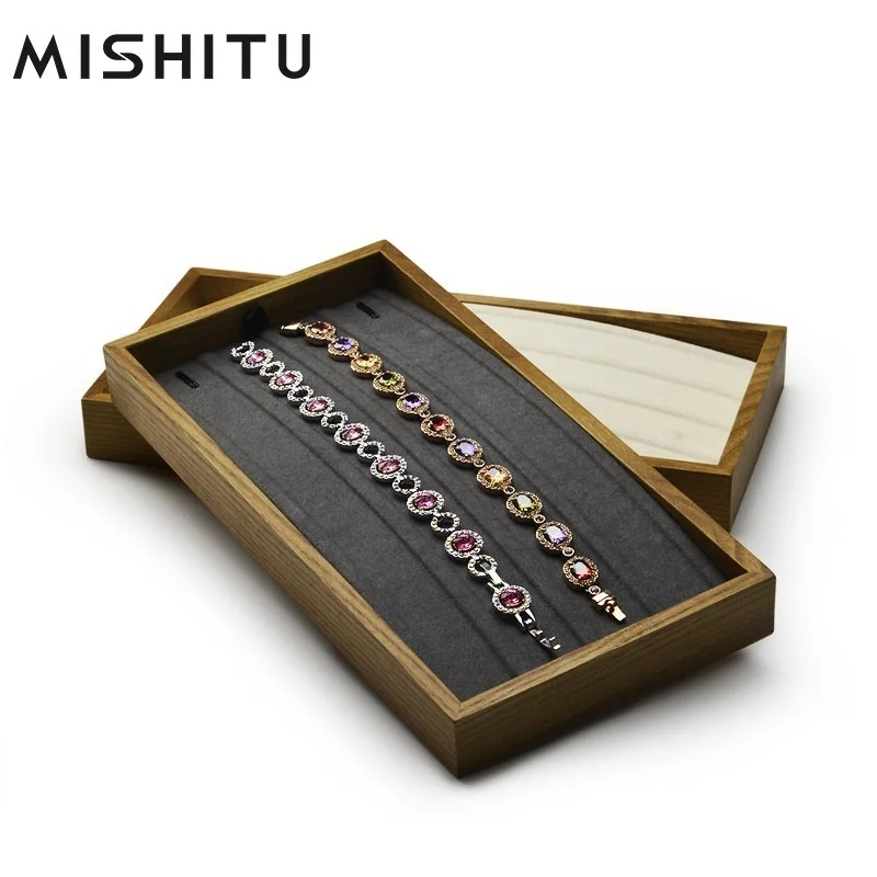 

MISHITU Wooden Jewelry Display Tray Beige & Dark Gray with Microfiber insert Pendant Chain Display Stand Holder Ring Organizer