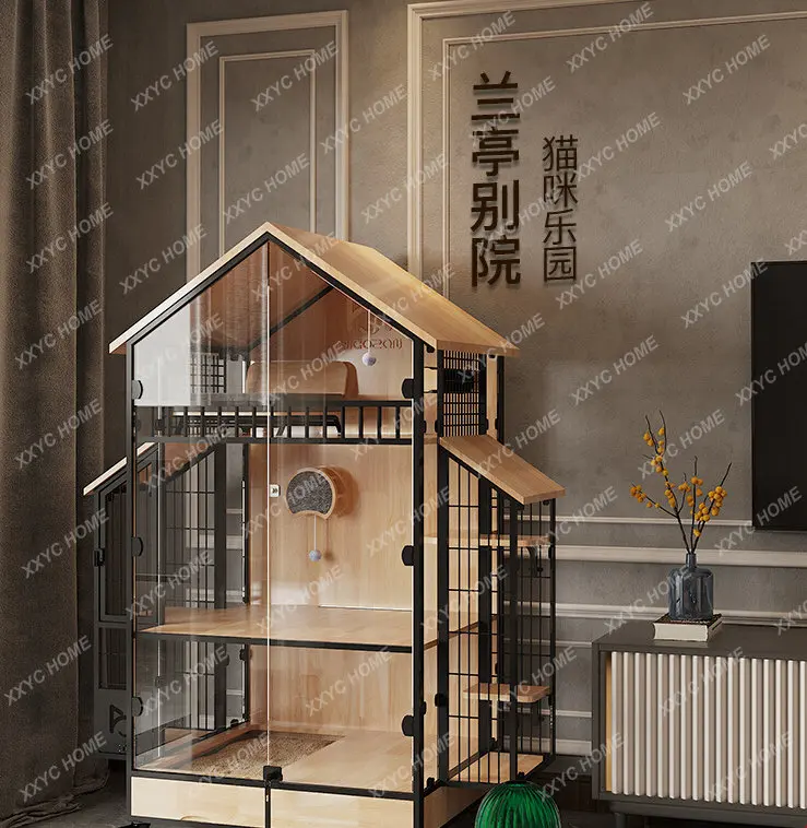 Lantern Biyuan Panoramic Cat Villa with Toilet Solid Wood Luxury Cat House Oversized Cat Cage