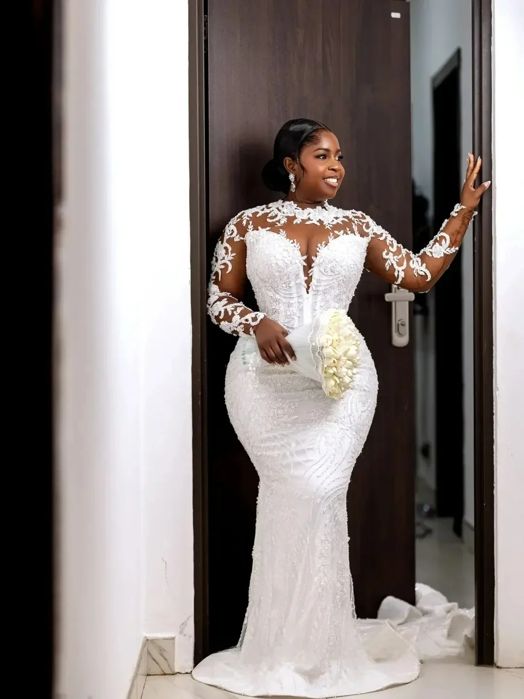 Customized  Illusion High Collar Long Sleeves Beads Sequin Stunning Wedding Dress  Robe De Mariée  Luxury Plus Size  Bridal Gown