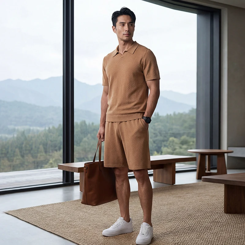 Spring And Summer High-End Men'S Suit Mulberry Silk Knitted Polo Shirt T-Shirt Fashionable Casual Shorts Two-Piece Men'S Outfit view 3