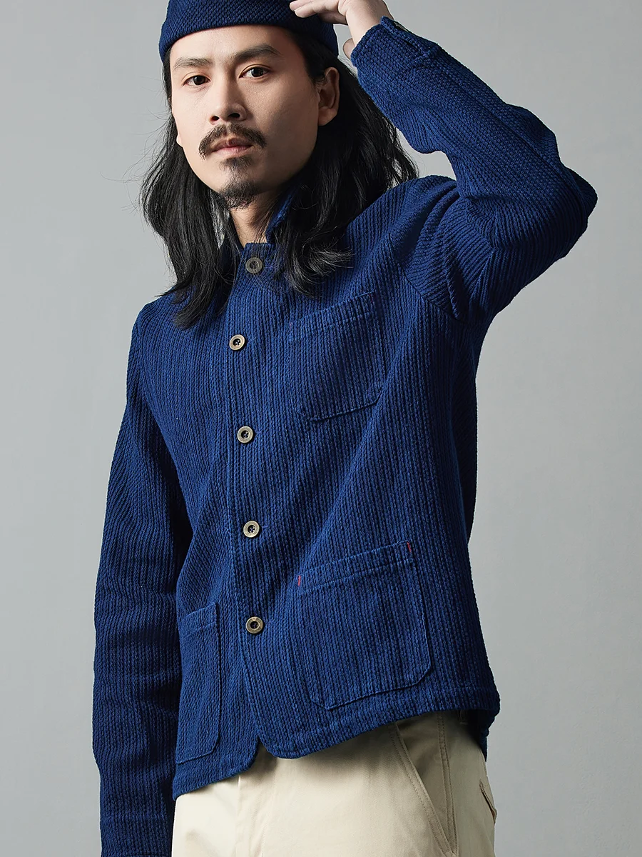Indigo Handmade Plant Blue Dyed Jacket Casual Versatile French Work Jacket Sashiko Long-Sleeved Jacket