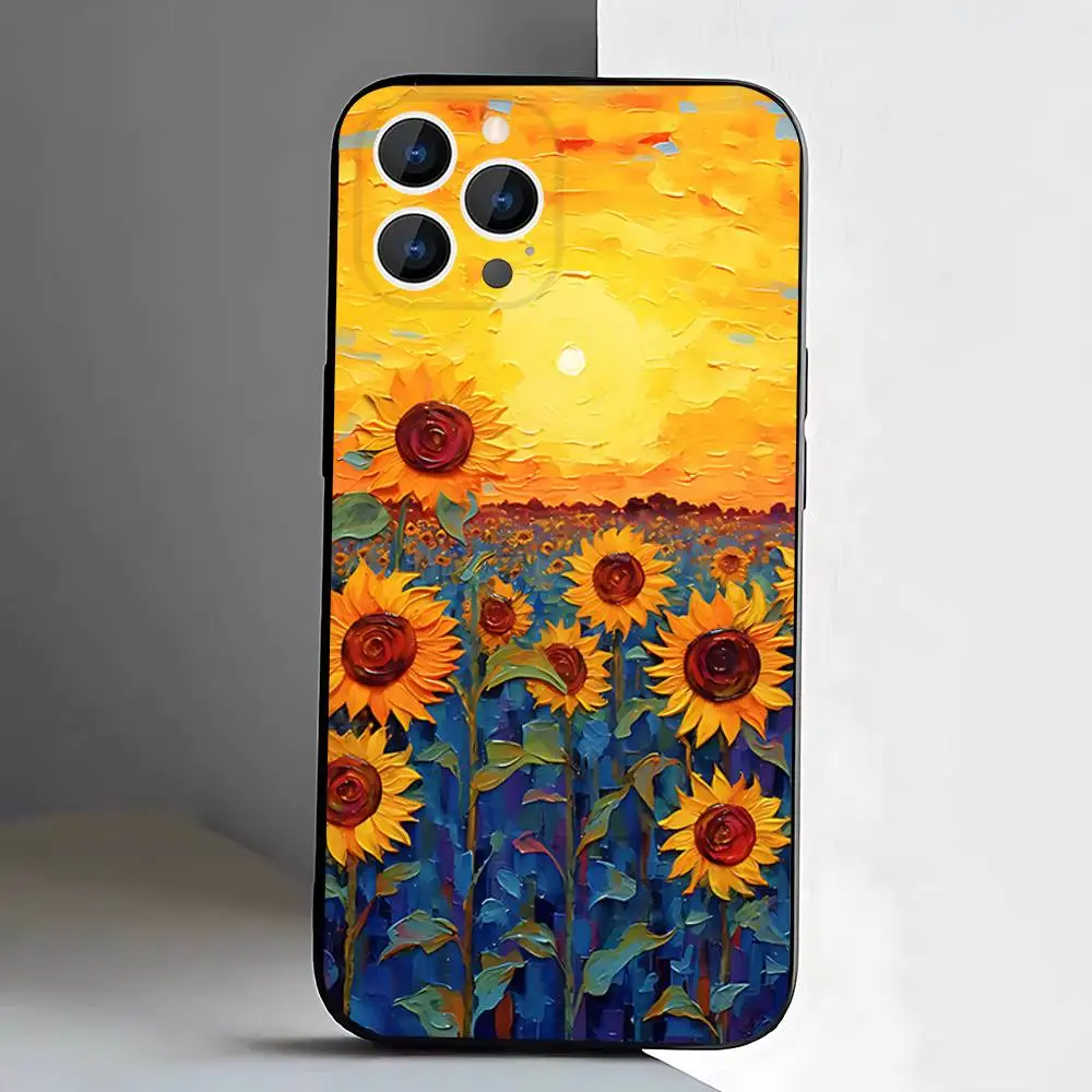 Sunflowers Printed Matte Phone Case For iPhone 17,16,15,14,13,12,11,Pro,XS,Max,XR,Plus,E,SE4,Mini Black Soft Cover
