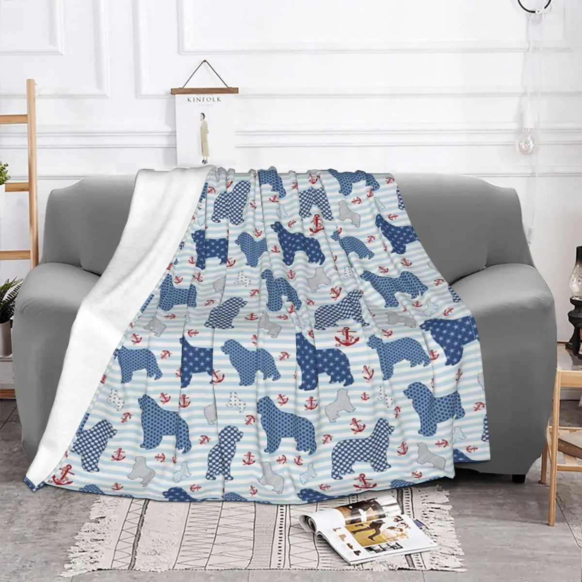 Nautical Newfie Pattern Home Knee Blanket Couple Blankets Custom Blanket Personalized Throw Blanket