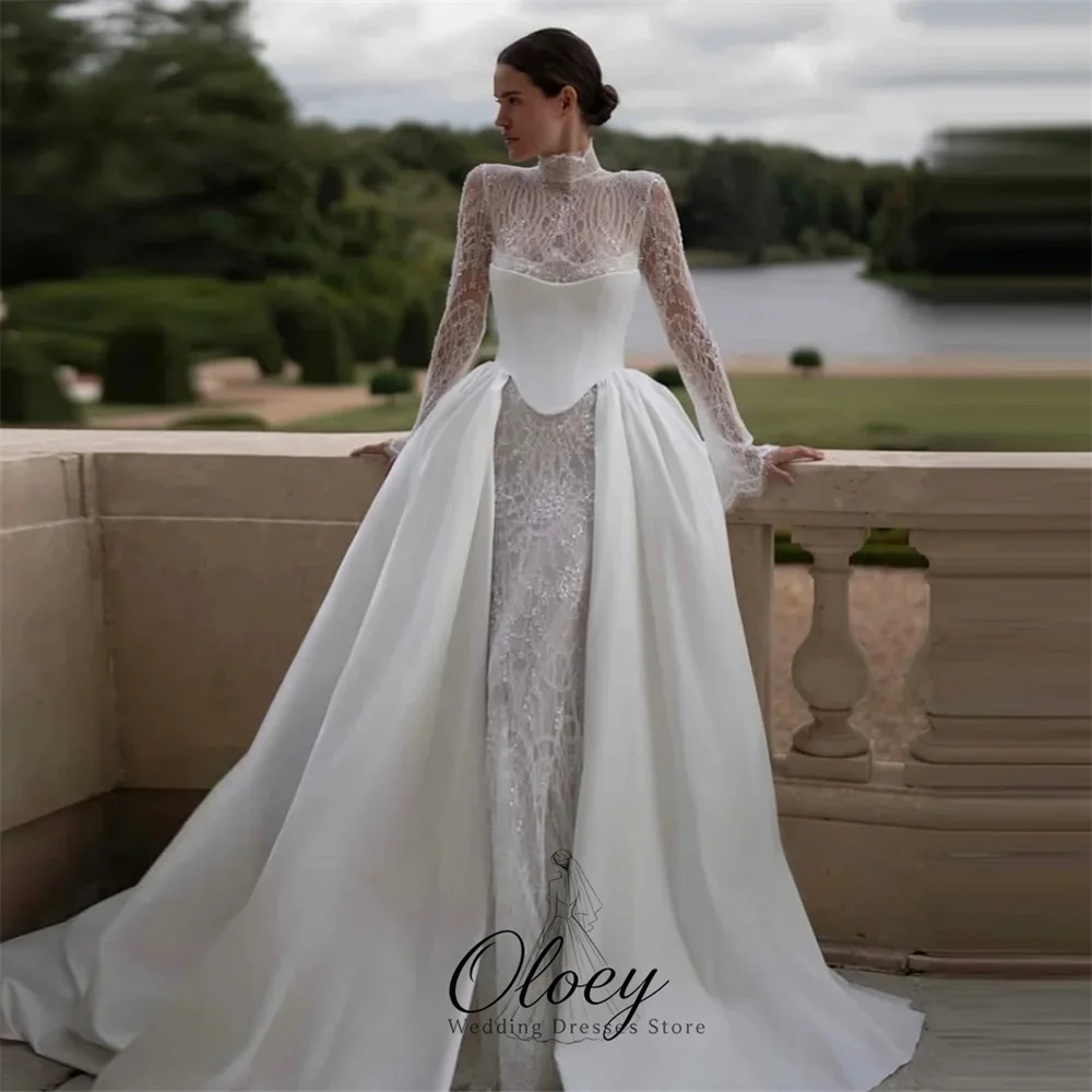 OLOEY Elegant Lace High Neck Long Sleeve Convertible Wedding Dresses For Woman Mermaid Detachable Train Bridal Gown Customized