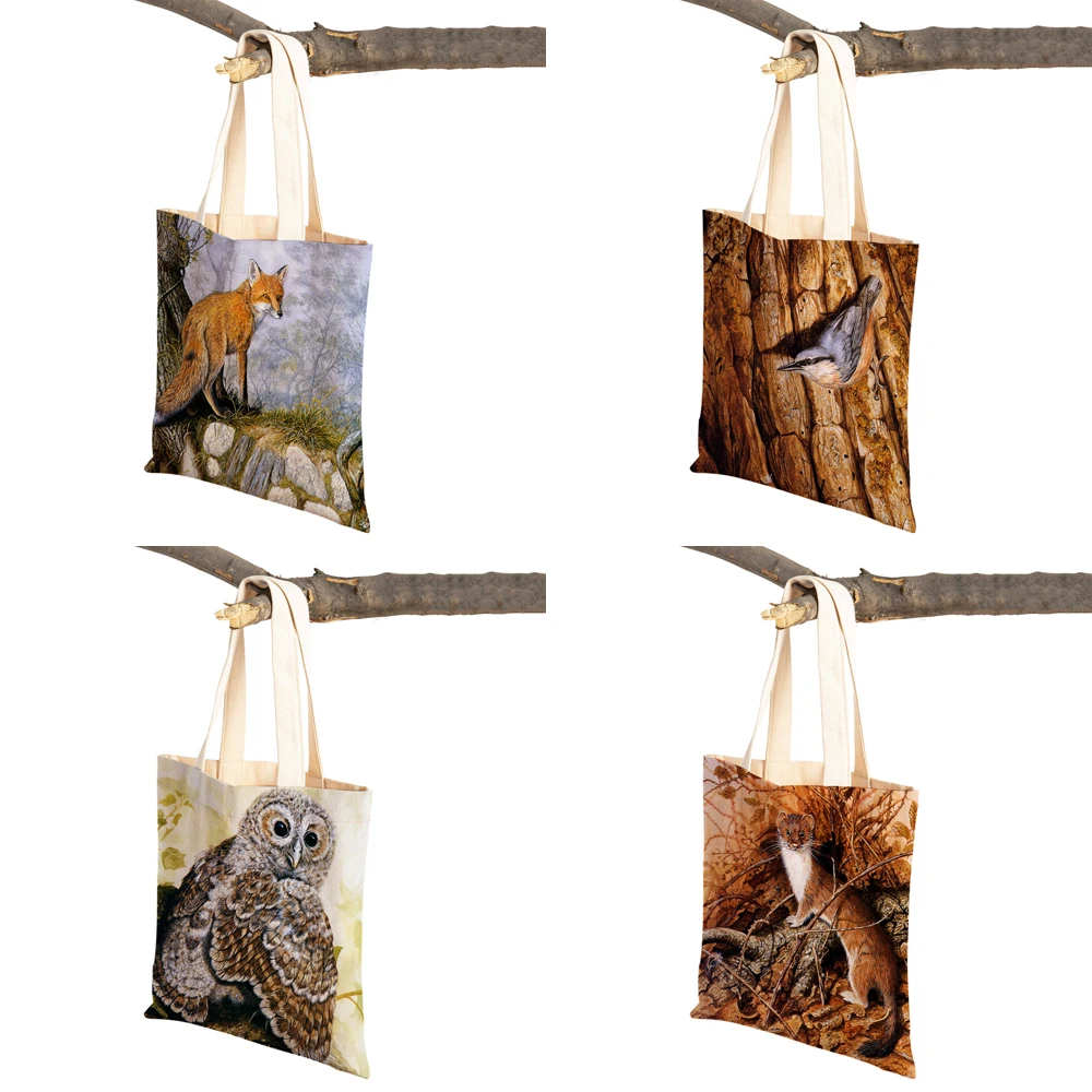 Watercolor Women Shopping Bag Fox Bird Squirrel Print Both Sided Reusable Canvas Cartoon Animal Casual Tote Shoulder Handbag